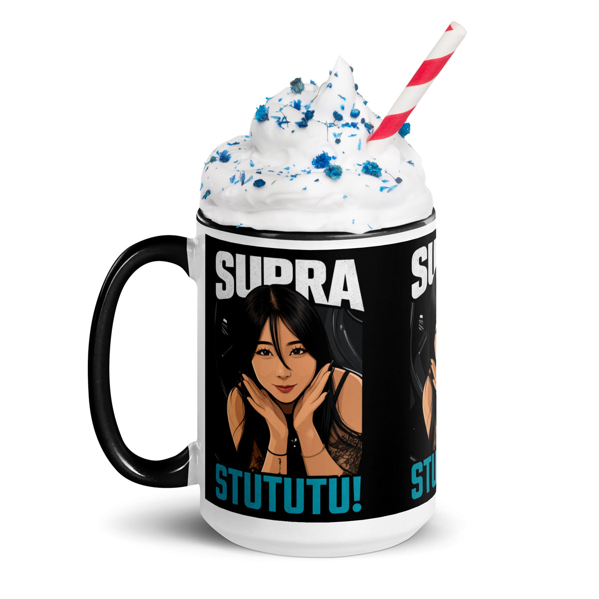 15oz Japanese supercar mug topped with whipped cream, handle left