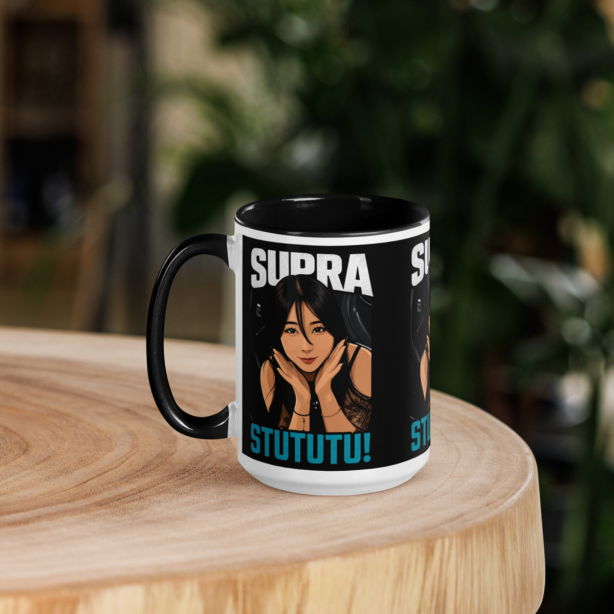 Japanese supercar mug with black rim and handle on a wooden table, handle left