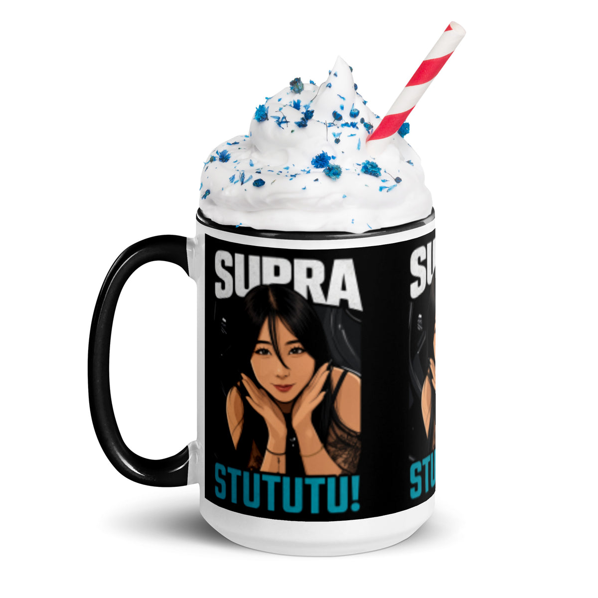 Japanese supercar mug topped with whipped cream and a straw