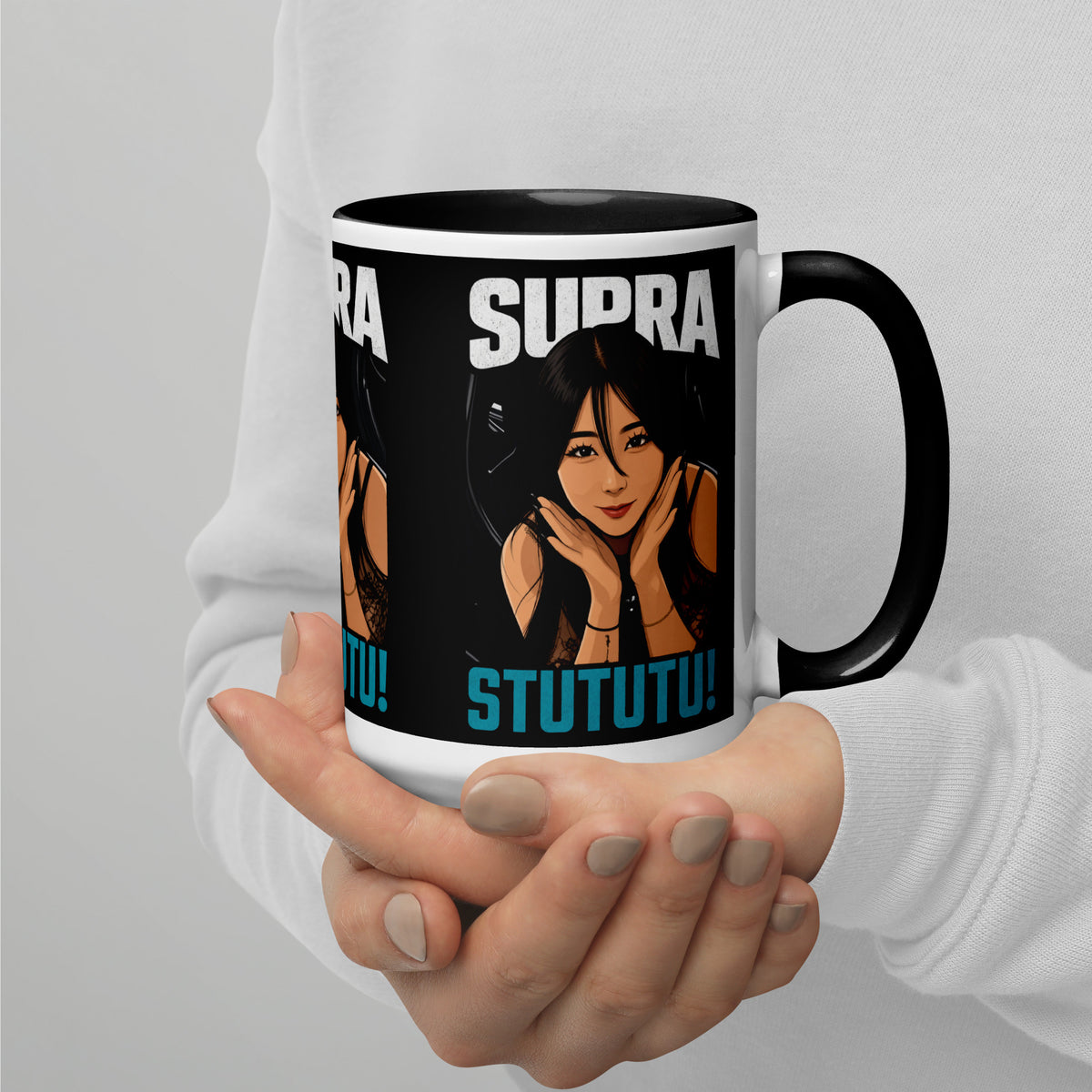Japanese supercar mug held in two hands, handle right