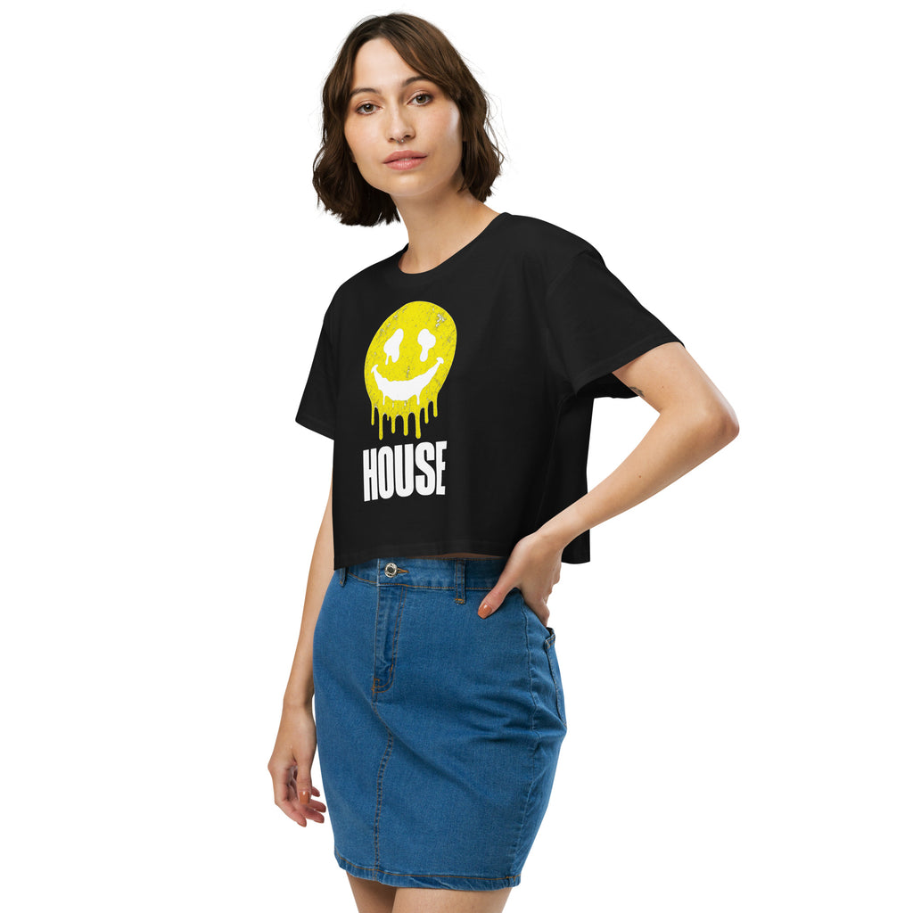 House Smiley Women’s Crop Top in black – left front – E E McMace