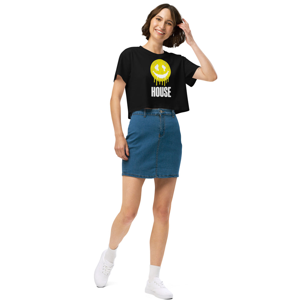 House Smiley Women’s Crop Top in black – right front – E E McMace
