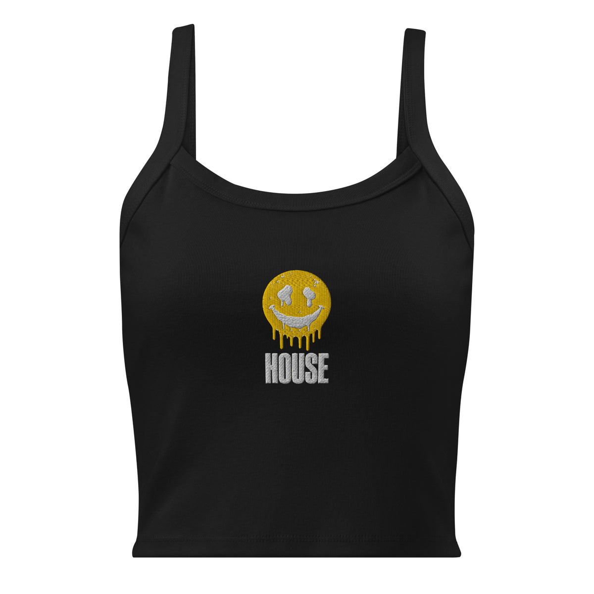 Black micro-rib tank top with house music print – front