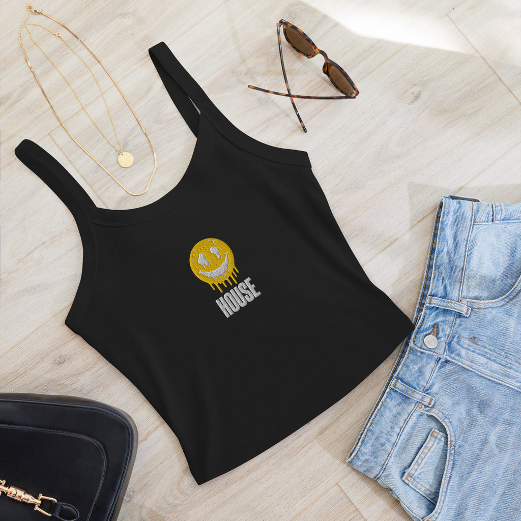Black micro-rib tank top with house music print, flat lay with jeans