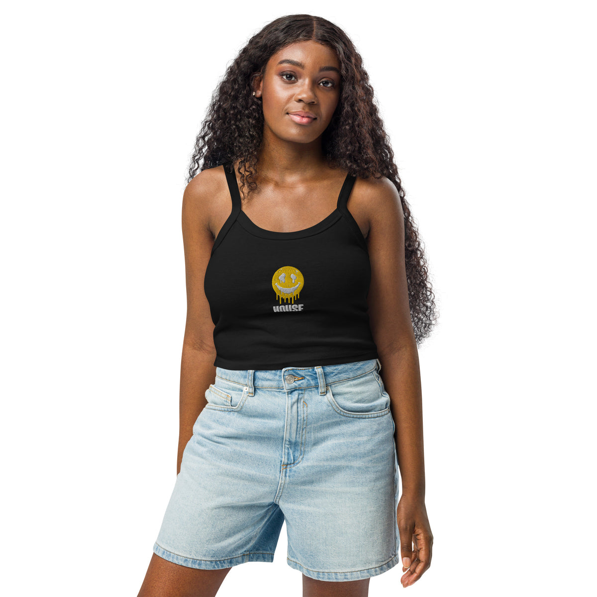 Model wearing the black micro-rib tank top – front