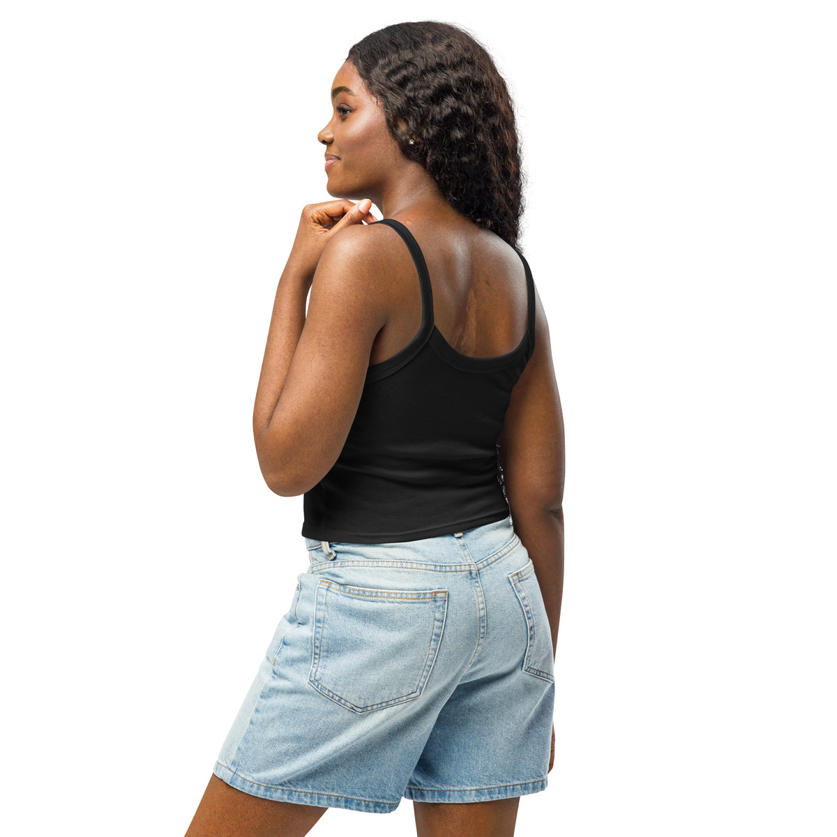Model wearing the black micro-rib tank top – side