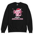 Merry Axolotl-Mas Kids Christmas Sweatshirt in Black, front view – E E McMace Christmas 2026