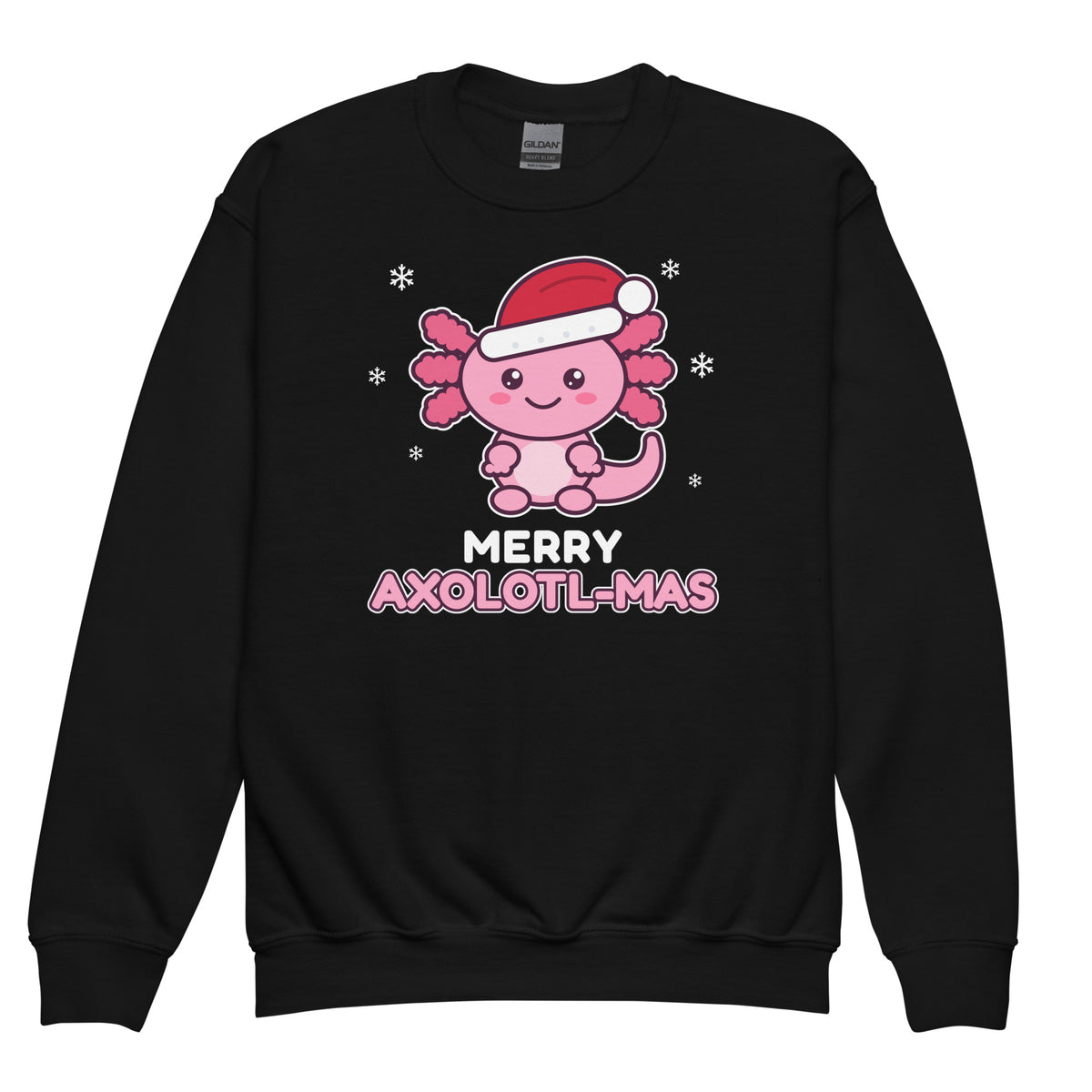 Merry Axolotl-Mas Kids Christmas Sweatshirt in Black, front view – E E McMace Christmas 2026