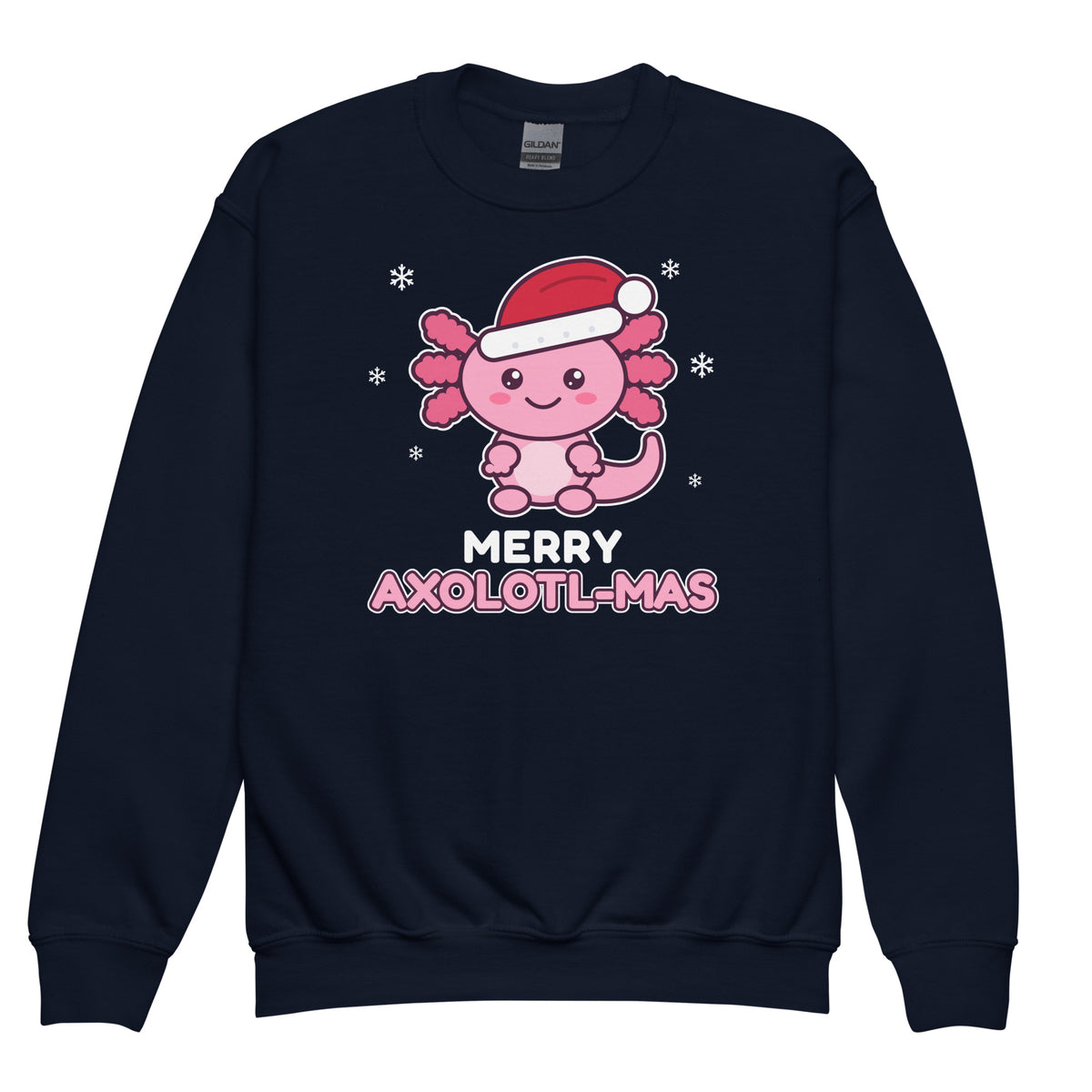 Merry Axolotl-Mas Kids Christmas Sweatshirt in Navy, front view – E E McMace Christmas 2026