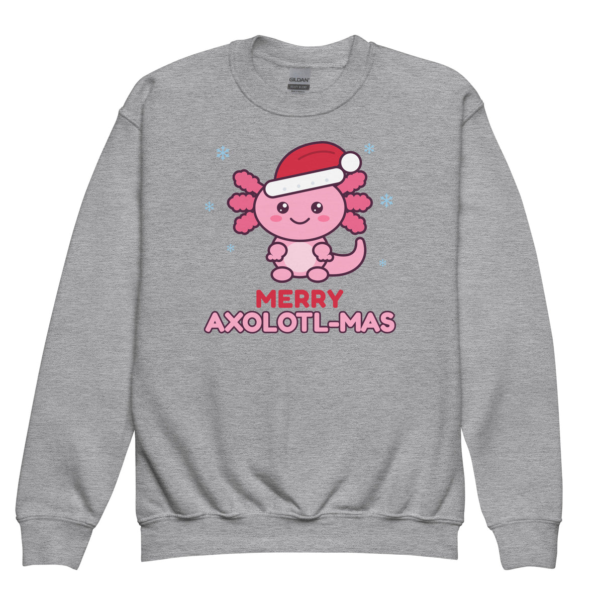 Merry Axolotl-Mas Kids Christmas Sweatshirt in Sport Grey, front view – E E McMace Christmas 2026
