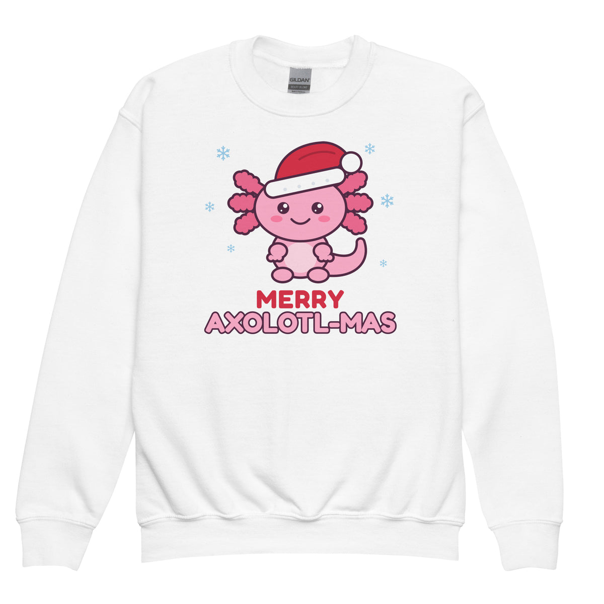 Merry Axolotl-Mas Kids Christmas Sweatshirt in White, front view – E E McMace Christmas 2026